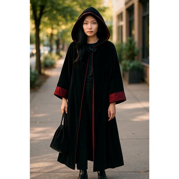 Vtg Plus Size Set 1X Reversible Velvet Coat Hooded Black Red Matching Purse - Picture 1 of 14